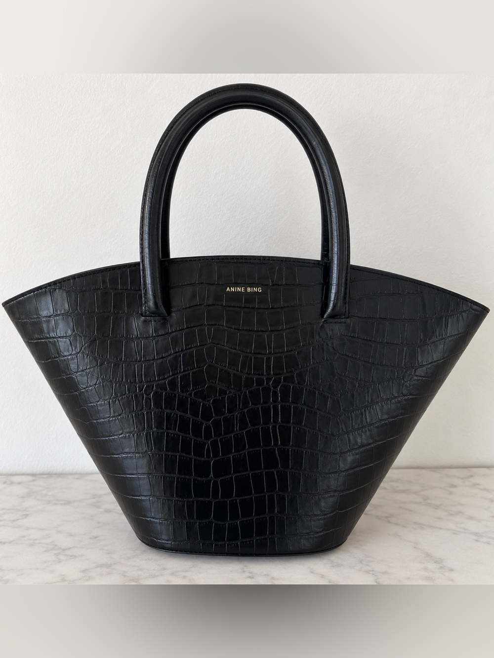 Anine Bing Black Croc-Embossed Tote with Gold Logo